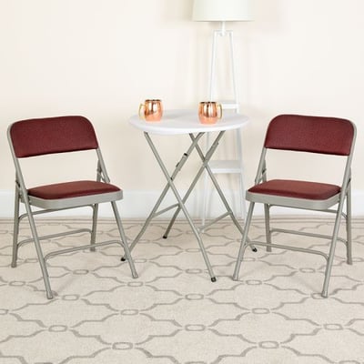 2 Pk. HERCULES Series Curved Triple Braced & Double Hinged Burgundy Patterned Fabric Metal Folding Chair