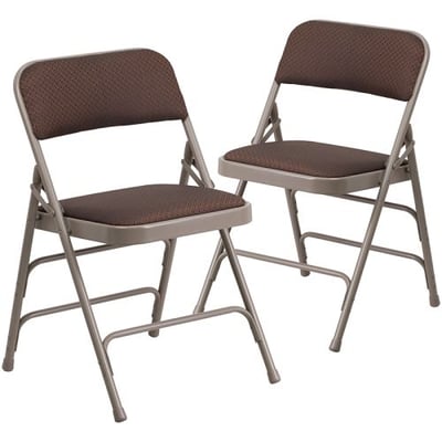 2 Pk. HERCULES Series Curved Triple Braced & Double Hinged Brown Patterned Fabric Metal Folding Chair