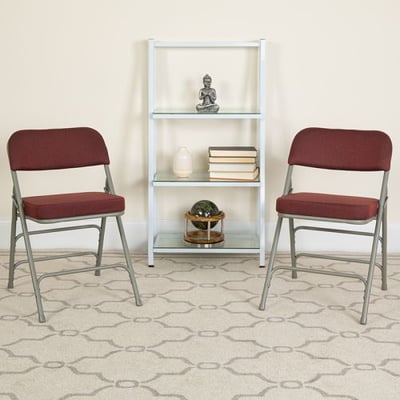 2 Pk. HERCULES Series Premium Curved Triple Braced Burgundy Fabric Metal Folding Chair