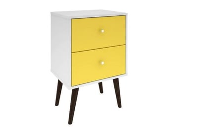 Manhattan Comfort Liberty Mid Century-Modern Nightstand 2.0 with 2 Full Extension Drawers in White and Yellow with Solid Wood Legs
