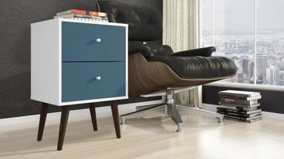 Manhattan Comfort Liberty Mid Century-Modern Nightstand 2.0 with 2 Full Extension Drawers in White and Aqua Blue with Solid Wood Legs