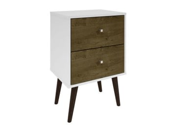 Manhattan Comfort Liberty Mid Century-Modern Nightstand 2.0 with 2 Full Extension Drawers in White and Rustic Brown with Solid Wood Legs