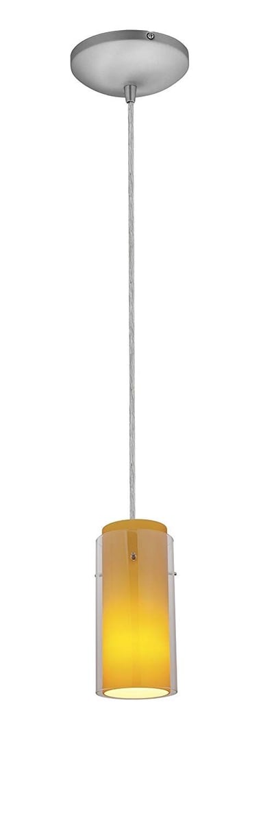 Glass`n Glass Cylinder Pendant - Cord - Brushed Steel Finish - Clear Amber Glass Shade