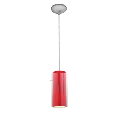 Glass`n Glass Cylinder - Integrated (SSL) LED Cord Pendant - Brushed Steel Finish - Clear and Red Glass Shade