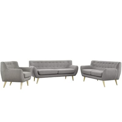 Modway EEI-1782-LGR-SET Remark Mid-Century Modern Upholstered Fabric Sofa, Loveseat, and Armchair 3-Piece Living Room Furniture Set Light Gray