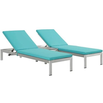 Modway Shore 3 Piece Outdoor Patio Aluminum Chaise with Cushions in Silver Turquoise