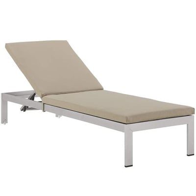 Modway Shore Outdoor Patio Aluminum Chaise Lounge Chair with Cushions, Silver Beige