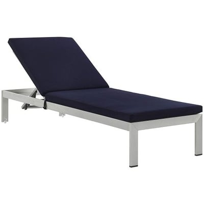 Modway Shore Outdoor Patio Aluminum Chaise Lounge Chair with Cushions, Silver Navy