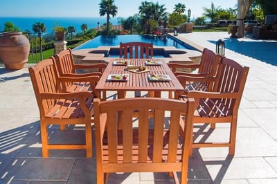 VIFAH V187Set27 Outdoor Seven-Piece Wood Dining Set with Rectangular Curvy Table and 6 Armchairs