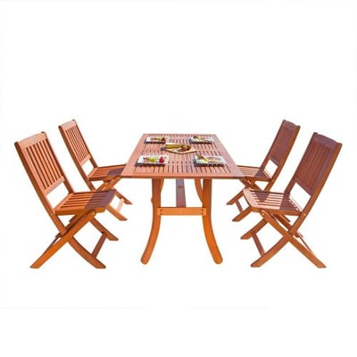 Malibu V189SET3 Eco-Friendly 5 Piece Wood Outdoor Dining Set with Curvy Table and Folding Chairs