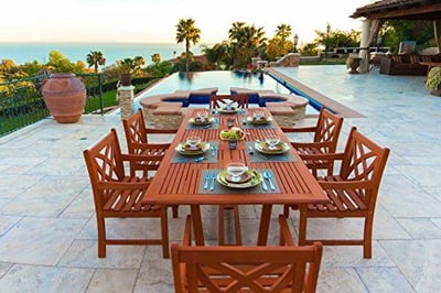 Malibu V232SET7 Eco-Friendly 7 Piece Wood Outdoor Dining Set with Rectangular Extension Table and Flower Back Amrchairs