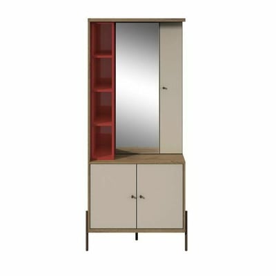 Manhattan Comfort Joy Vanity Jewelry Armoire with Mirror in Red & Off White