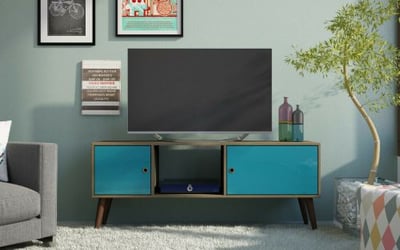 Accentuations by Manhattan Comfort Varberg Splayed Leg TV Stand in Oak and Aqua