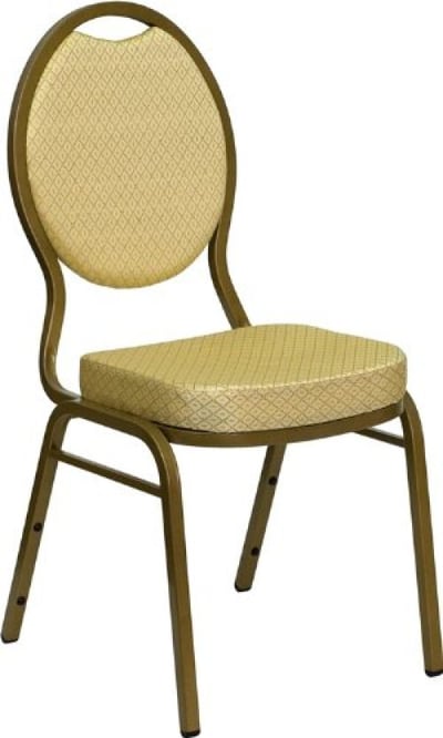 Hercules Series Teardrop Back Stacking Banquet Chair with Beige Patterned Fabric/Gold Frame