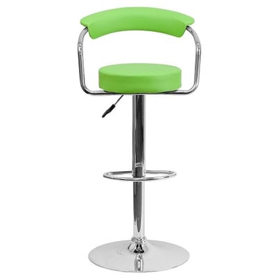 Contemporary Green Vinyl Adjustable Height Barstool with Arms and Chrome Base