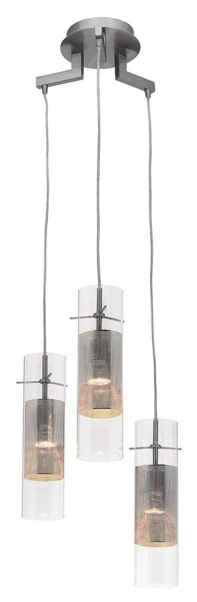 Spartan - 3-Light Cluster Pendant - Brushed Steel Finish - Metal Mesh in Clear Glass Shade