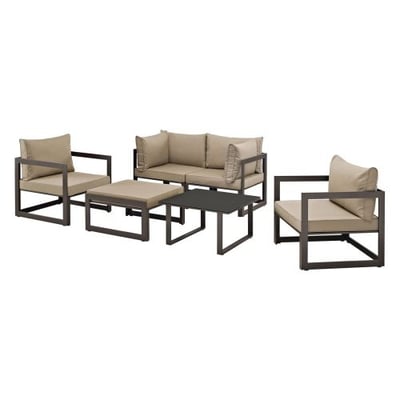 Modway Fortuna 6-Piece Aluminum Outdoor Patio Sectional Sofa Set in Brown Mocha