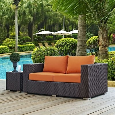 Modway Convene Wicker Rattan Outdoor Patio Loveseat with Cushions in Espresso Orange