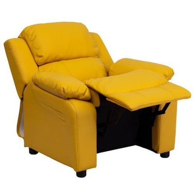 Deluxe Heavily Padded Contemporary Yellow Vinyl Kids Recliner with Storage Arms