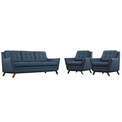 Modway EEI-2184-AZU-SET Beguile Mid-Century Modern Sofa Upholstered Fabric with Sofa and Two Armchairs Azure