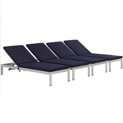 Modway Shore Outdoor Patio Aluminum Chaise with Cushions (Set of 4), Silver Navy