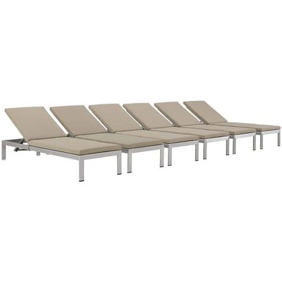 Modway Shore Outdoor Patio Aluminum Chaise with Cushions (Set of 6), Silver Beige