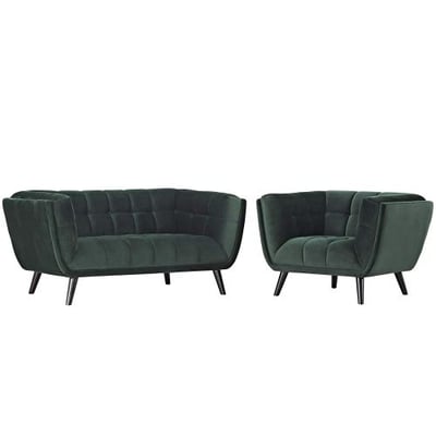 Modway EEI-2973-GRN-SET Bestow Upholstered Velvet Button-Tufted Loveseat and Armchair 2-Piece Set Green