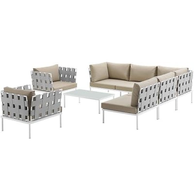 Modway EEI-2619-WHI-BEI-SET Harmony 8 Piece Outdoor Patio Aluminum Sectional Sofa Set, White Beige