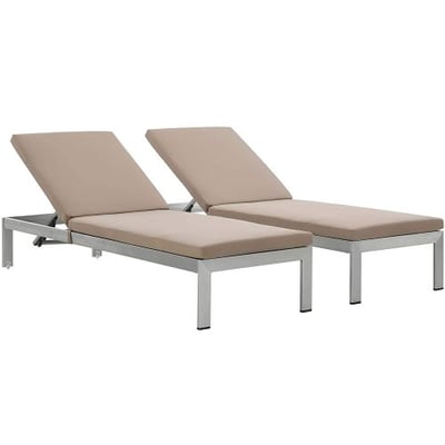 Modway Shore Set of 2 Outdoor Patio Aluminum Chaise with Cushions in Silver Mocha