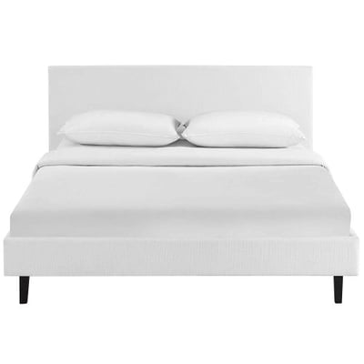 Modway MOD-5420-WHI Anya Upholstered Platform Bed with Wood Slat Support in Queen, White