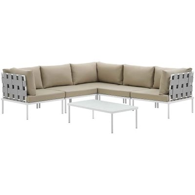 Modway EEI-2627-WHI-BEI-SET Harmony 6 Piece Outdoor Patio Aluminum Sectional Sofa Set, White Beige