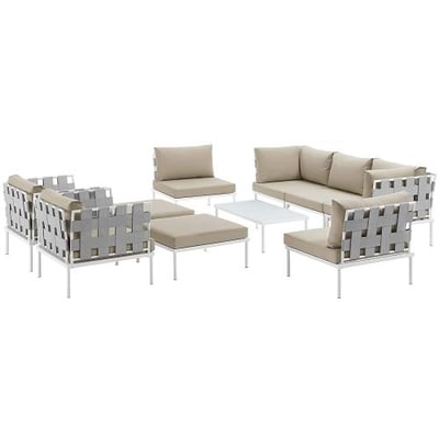 Modway Harmony 10 Piece Outdoor Patio Aluminum Sectional Sofa Set, White Beige