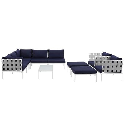 Modway Harmony 10 Piece Outdoor Patio Aluminum Sectional Sofa Set, White Navy