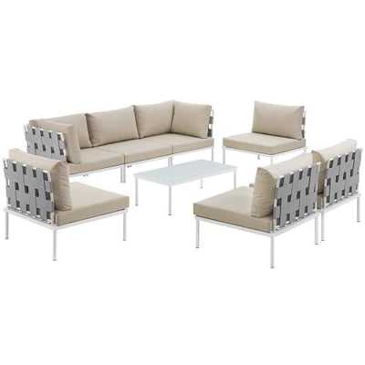 Modway EEI-2625-WHI-BEI-SET Harmony 8 Piece Outdoor Patio Aluminum Sectional Sofa Set, White Beige