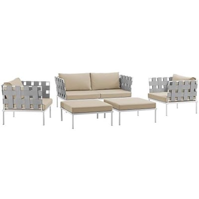 Modway EEI-2621-WHI-BEI-SET Harmony 5 Piece Outdoor Patio Aluminum Sectional Sofa Set, White Beige