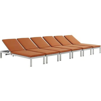 Modway Shore Outdoor Patio Aluminum Chaise with Cushions (Set of 6), Silver Orange