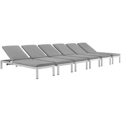 Modway Shore Outdoor Patio Aluminum Chaise with Cushions (Set of 6), Silver Gray