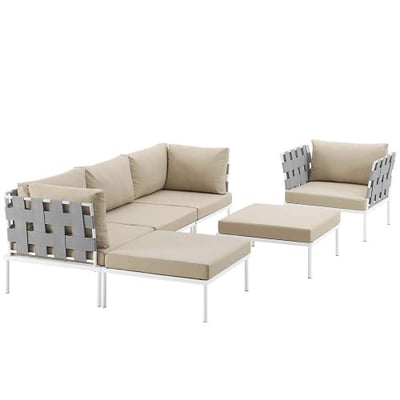 Modway EEI-2626-WHI-BEI-SET Harmony 6 Piece Outdoor Patio Aluminum Sectional Sofa Set, White Beige