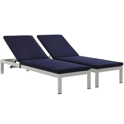 Modway Shore Set of 2 Outdoor Patio Aluminum Chaise with Cushions in Silver Navy