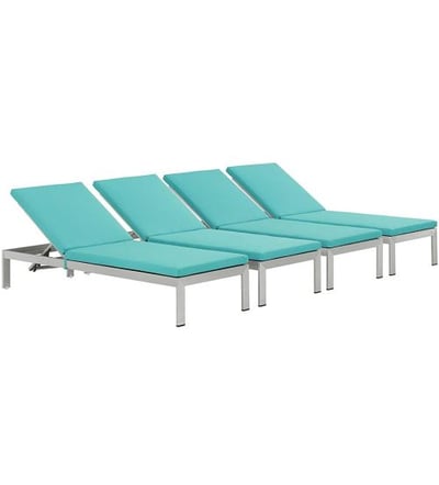 Modway Shore Outdoor Patio Aluminum Chaise with Cushions (Set of 4), Silver Turquoise