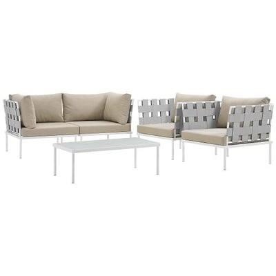 Modway EEI-2623-WHI-BEI-SET Harmony 5 Piece Outdoor Patio Aluminum Sectional Sofa Set, White Beige