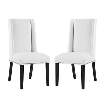 Modway Baron Upholstered Vinyl Modern Tall Back Parsons Dining Chair With Nailhead Trim And Wood Legs In White - Set of Two