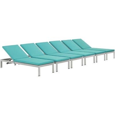 Modway EEI-2739-SLV-TRQ-SET Shore Outdoor Patio Aluminum Chaise with Cushions (Set of 6), Silver Turquoise