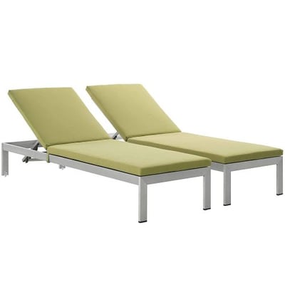 Modway Shore Set of 2 Outdoor Patio Aluminum Chaise with Cushions in Silver Peridot