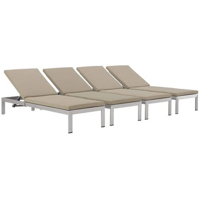 Modway Shore Outdoor Patio Aluminum Chaise with Cushions (Set of 4), Silver Beige