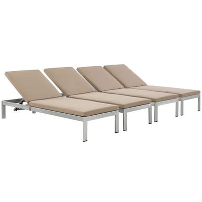 Modway Shore Outdoor Patio Aluminum Chaise with Cushions (Set of 4), Silver Mocha