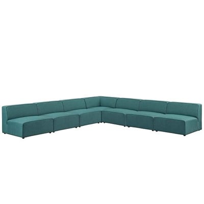 Modway EEI-2841-TEA Mingle 7 Piece Upholstered Fabric Sectional Sofa Set, Teal, L-Shape