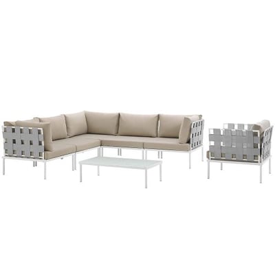 Modway EEI-2620-WHI-BEI-SET Harmony 7 Piece Outdoor Patio Aluminum Sectional Sofa Set, White Beige