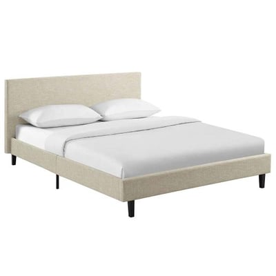 Modway MOD-5420-BEI Anya Upholstered Platform Bed with Wood Slat Support in Queen, Beige