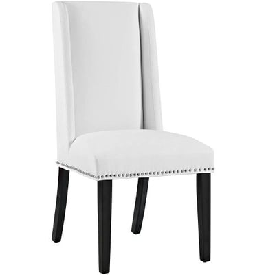 Modway Baron Upholstered Vinyl Modern Tall Back Parsons Dining Chair With Nailhead Trim And Wood Legs In White